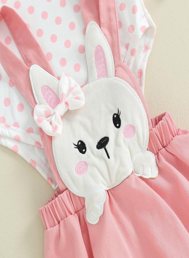 Thilsidee Newborn Baby Girl Easter Outfits Long Sleeve Dot Print Ruffle Romper Rabbit Suspender Skirt Overall Dress Set 0-18M (A-Pink, 9-12 Months) - Image 5