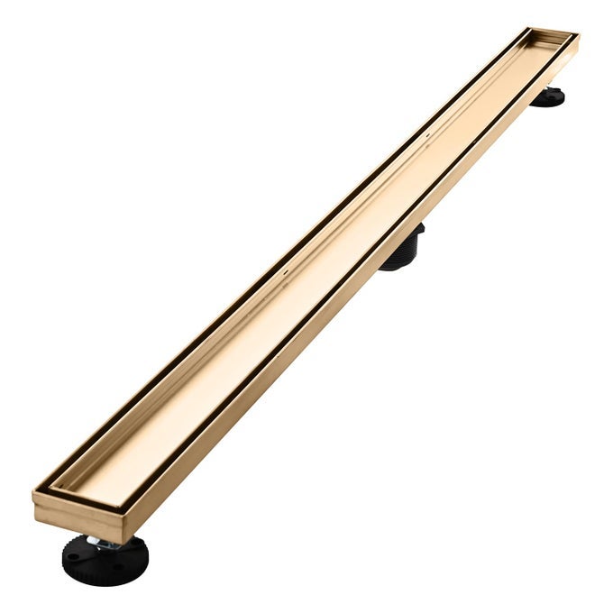 LINEAR SHOWER FLOOR DRAIN BRUSHED GOLD 48 INCH 304 STAINLESS STEEL BATHROOM DRAINS KIT RECTANGULAR SHOWER TRENCH DRAIN WITH REVERSABLE TILEIN PATTERN DRAIN COVER HAIR CATCHER