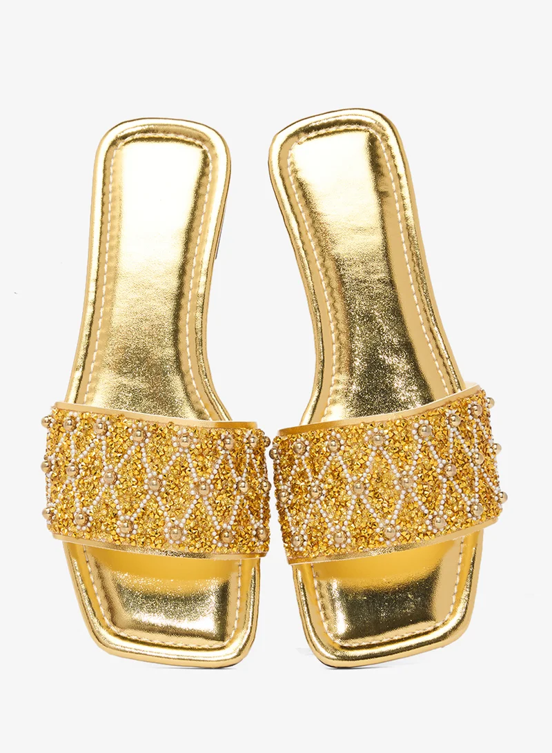 Khizana Gold Gold Embellished Detailed Flat Sandals for Women | Best Price UAE