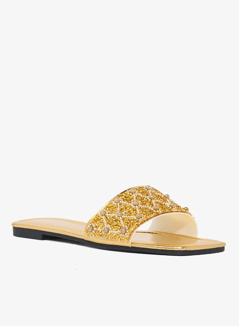 خزانة Gold Embellished Detailed Flat Sandals
