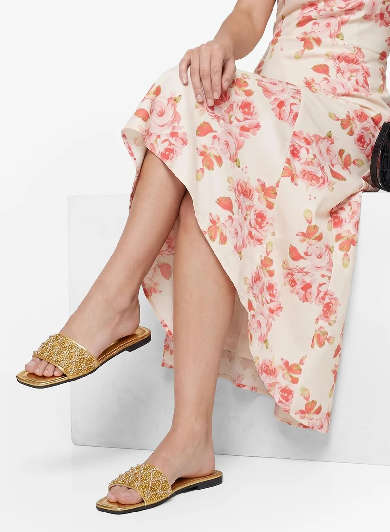 Khizana Gold Gold Embellished Detailed Flat Sandals for Women | Best Price UAE