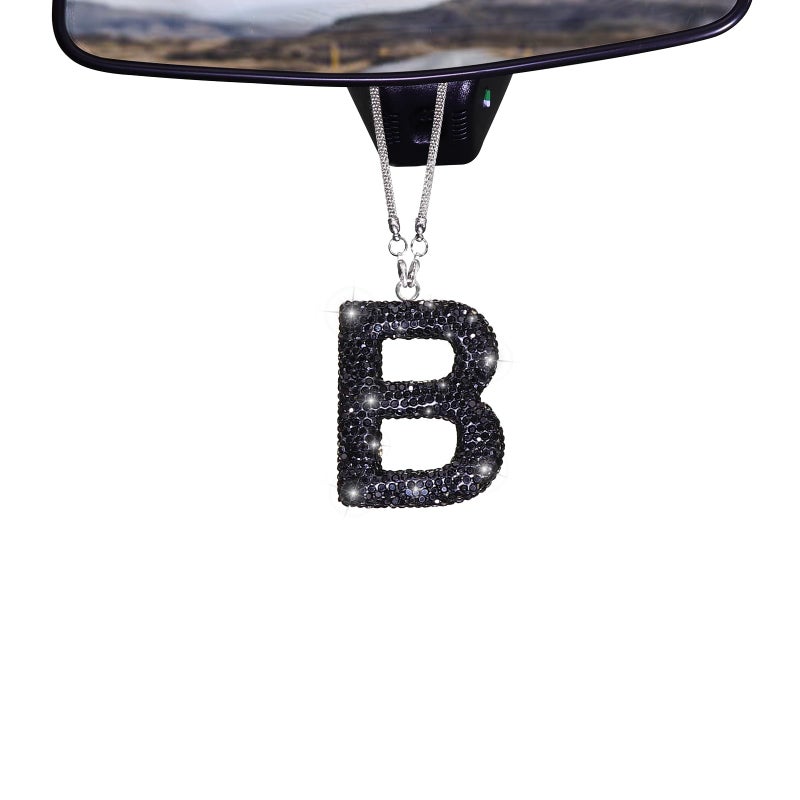 ToBeQueen Black Bling Letter B Ornament Diamond Crystal Rhinestone Car Hanging Ornament Cute Lucky Hanging Ornament B Initial Car Accessories for WomenBlackB