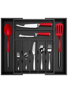 SYGNIFIC Bamboo Kitchen Drawer Organizer Expandable & Adjustable Silverware Organizer - Utensil Holder and Cutlery Tray with Grooved Drawer Dividers for Flatware and Kitchen Utensils (Black)  - Image 1