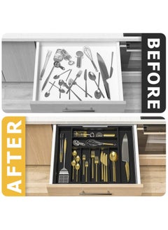 SYGNIFIC Bamboo Kitchen Drawer Organizer Expandable & Adjustable Silverware Organizer - Utensil Holder and Cutlery Tray with Grooved Drawer Dividers for Flatware and Kitchen Utensils (Black)  - Image 5
