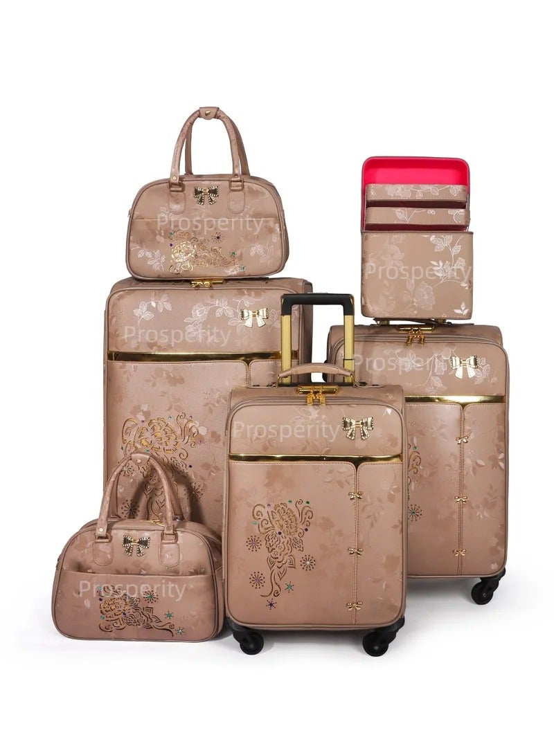 Prosperity matching color trolley luggage spinner 4 wheels 6 PCS pu leather valise suitcase set with tote bag for wedding usage 6 pieces per set - Image 1