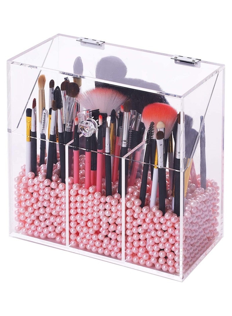 General Covered Makeup Brush Holder with Dustproof Lid and Pearls Beads Large Capacity Acrylic Clear Cosmetic Brush Storage Organizer for Vanity(No pearls)  - Image 4