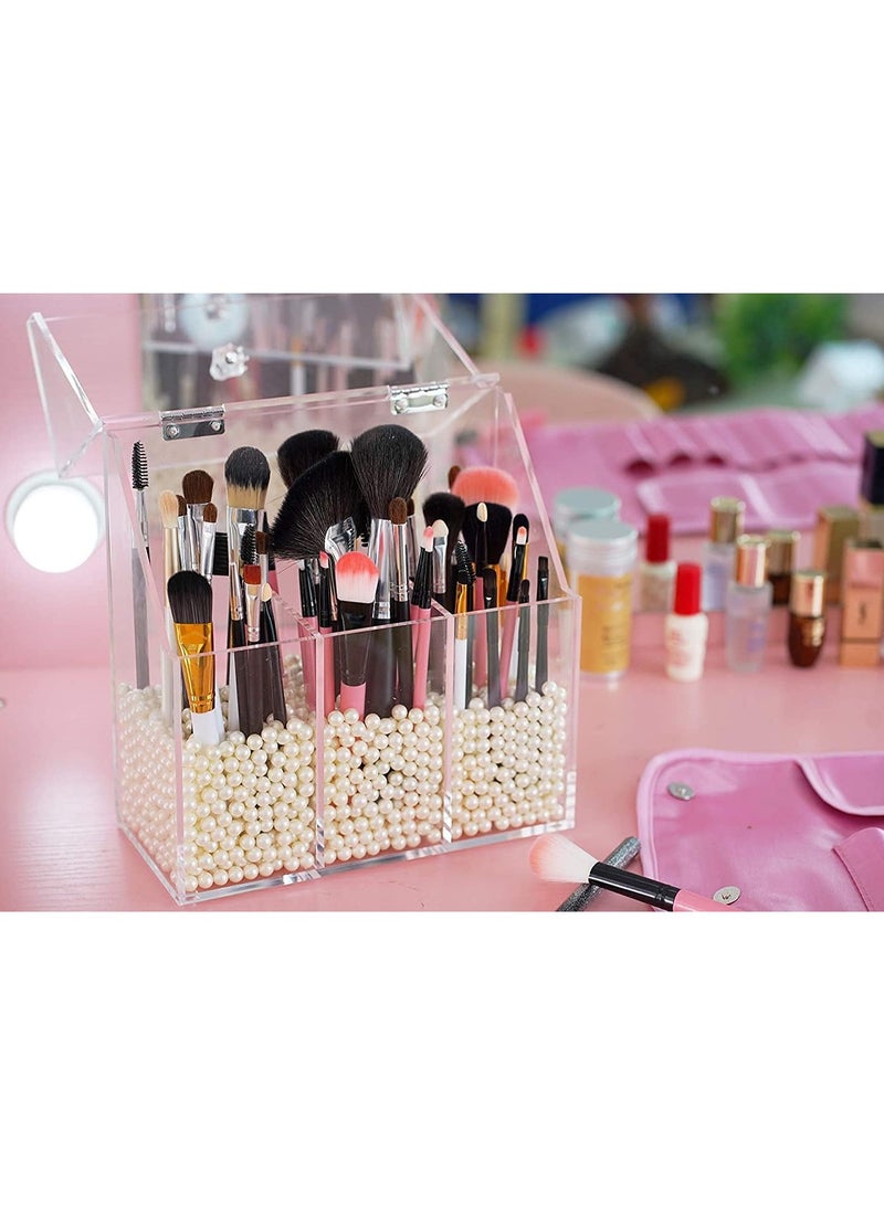 General Covered Makeup Brush Holder with Dustproof Lid and Pearls Beads Large Capacity Acrylic Clear Cosmetic Brush Storage Organizer for Vanity(No pearls)  - Image 5