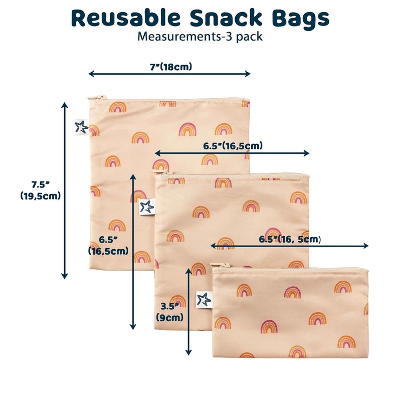 Tiny Twinkle Reusable Snack Bags for Kids – 3 Pack Snack Pouches & Sandwich Bag for Toddlers – Machine Washable, Mess-Proof for Lunch & Travel (Boho Rainbow) - Image 2
