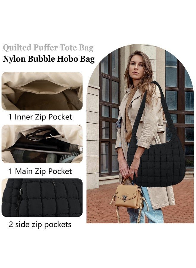 حقيبة توت مبطنة كبيرة الحجم، حقيبة كتف متقاطعة بسحاب، حقائب هوبو من النايلون الفقاعي، حقيبة يد نسائية للسفر بمقبض علوي، حقيبة مبطنة كبيرة الحجم، حقيبة حمل ناعمة كبيرة (أسود، كبير) - Image 2