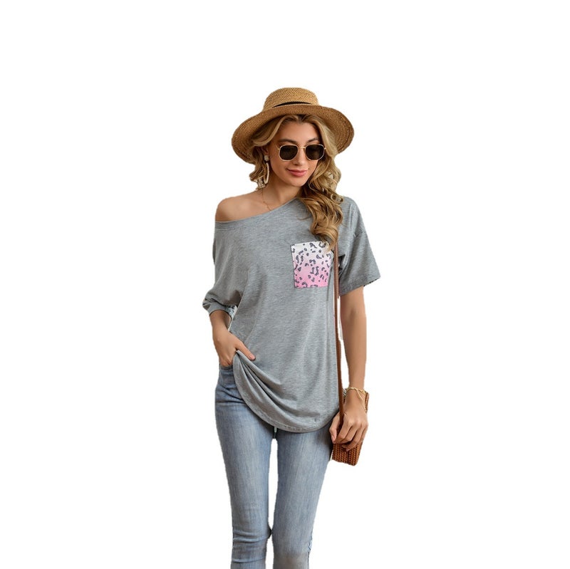 2021 summer new products Europe and the United States wish leopard print stitching pocket short-sleeved loose printing round neck T-shirt women white M - Image 4