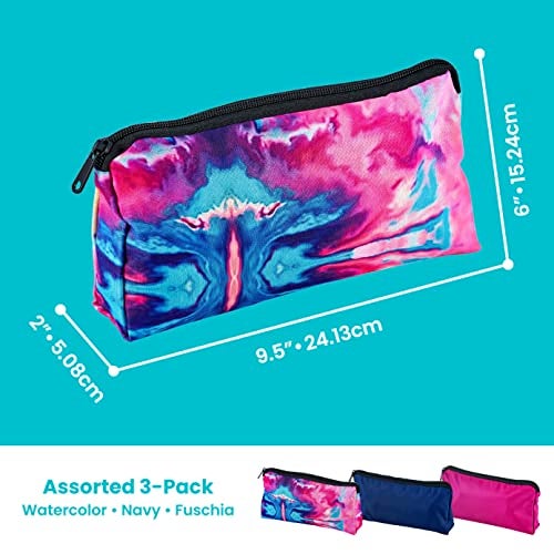 It's Academic Printed Fabric Pencil Pouch, For School & Office Supplies, Large Capacity, Blue, Pink, Watercolor, 3-Pack - Image 5