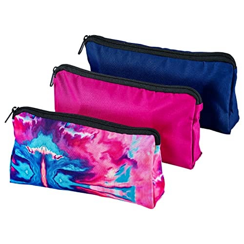 It's Academic Printed Fabric Pencil Pouch, For School & Office Supplies, Large Capacity, Blue, Pink, Watercolor, 3-Pack - Image 1