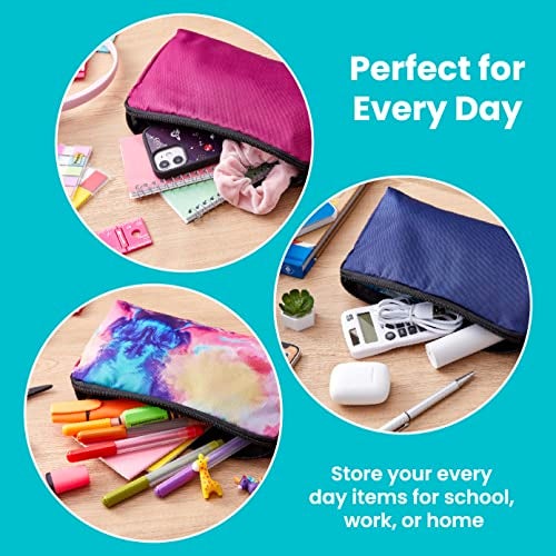 It's Academic Printed Fabric Pencil Pouch, For School & Office Supplies, Large Capacity, Blue, Pink, Watercolor, 3-Pack - Image 2