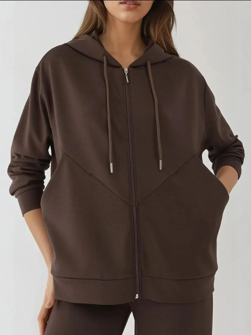 Hiccup Coffee Brown Soft Touch Full Zip Hoodie Sweatshirt for Women | Best Price UAE