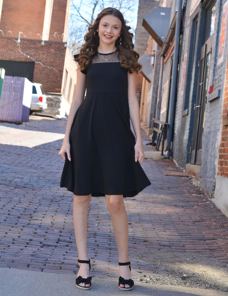 Arshiner Girls Dress Summer Ruffle Sleeve Mesh A Line Casual Party Dresses with Pockets 8-9 Years Black - Image 5