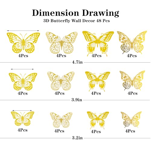 Meikeer 3D Butterfly Wall Decor 48 Pcs 4 Styles 3 Sizes, for Birthday Decorations Party Decorations, Removable Wall Stickers Interior Decorations Kids Nursery Classroom Wedding Decor (Gold) - Image 2