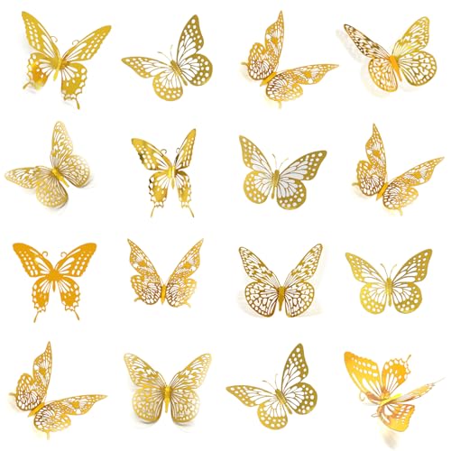 Meikeer 3D Butterfly Wall Decor 48 Pcs 4 Styles 3 Sizes, for Birthday Decorations Party Decorations, Removable Wall Stickers Interior Decorations Kids Nursery Classroom Wedding Decor (Gold) - Image 1