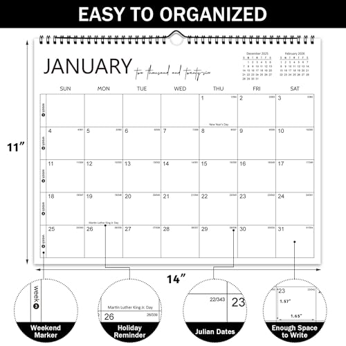 PIOOJK 2026 Wall Calendar 12 Months, Wall Calendar from January 2026 to December 2026, Large Hanging Calendar, Perfect for Home Office Monthly Organizing & Planning, Thick Paper, Julian Dates, 14"x11" - Image 2