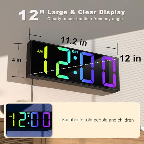 Jall ساعة حائط رقمية كبيرة 12 بوصة JALL، عرض أرقام LED كبيرة، ألوان RGB، ضوء ليلي للفصل الدراسي وغرفة المعيشة وغرفة النوم، هدية عيد ميلاد وعيد الميلاد لكبار السن، الرجال والنساء (أسود، 12 بوصة) - Image 2