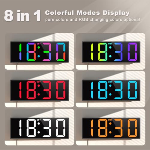 Jall ساعة حائط رقمية كبيرة 12 بوصة JALL، عرض أرقام LED كبيرة، ألوان RGB، ضوء ليلي للفصل الدراسي وغرفة المعيشة وغرفة النوم، هدية عيد ميلاد وعيد الميلاد لكبار السن، الرجال والنساء (أسود، 12 بوصة) - Image 3