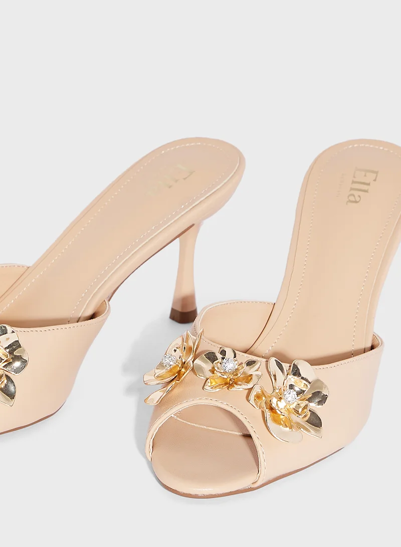 Ella Limited Edition Diamante Floral Trim Mule Heel Sandal
