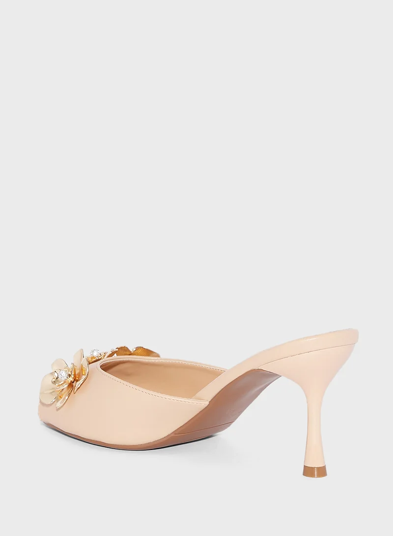 Ella Limited Edition Diamante Floral Trim Mule Heel Sandal