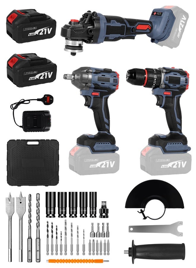 ALongDeng 21V Cordless Brushless Power Tool Set (3-in-1) - Impact Drill (23 Torque 1800RPM) +360N·m Impact Wrench  125mm Angle Grinder (9500RPM) with 6.0Ah Lithium Battery Storage Case for Home Repair DIY  Light Construction - Image 1
