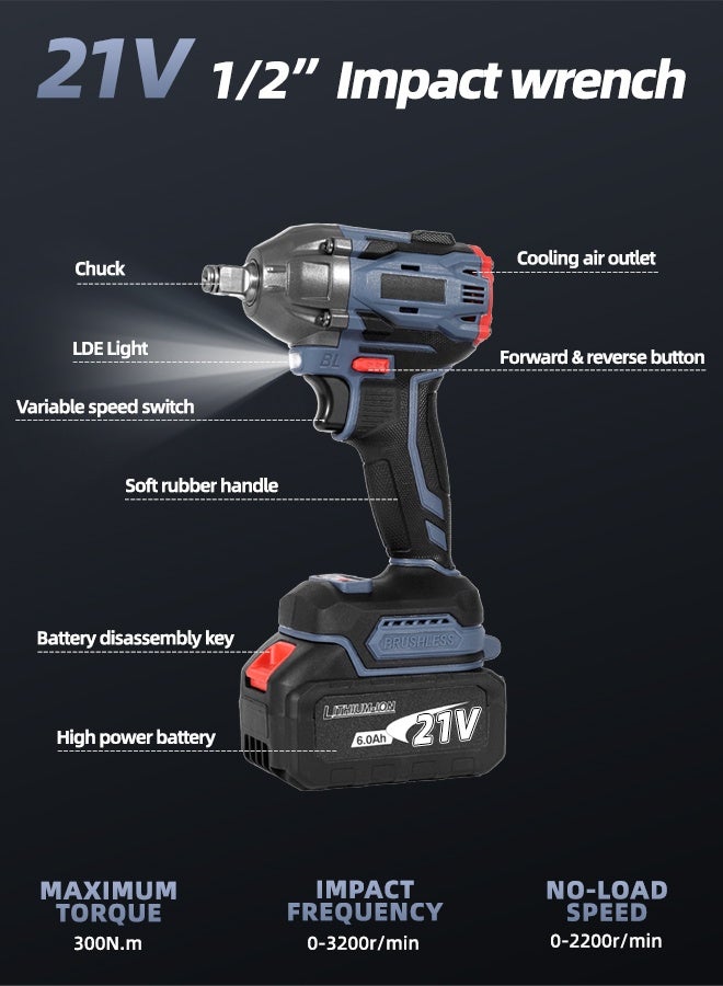 ALongDeng 21V Cordless Brushless Power Tool Set (3-in-1) - Impact Drill (23 Torque 1800RPM) +360N·m Impact Wrench  125mm Angle Grinder (9500RPM) with 6.0Ah Lithium Battery Storage Case for Home Repair DIY  Light Construction - Image 2