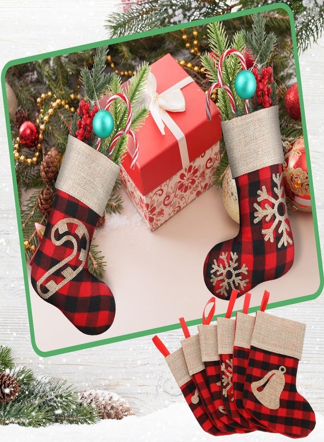مينبلان مجموعة مينبلان المكونة من 12 جوربًا صغيرًا لعيد الميلاد، مقاس 8 بوصات، بتصميم أحمر وأسود بنقشة مربعات الجاموس، هدايا مثالية لحفلات عيد الميلاد، مزينة برسومات من الخيش، غزال الرنة، ندفة الثلج، جرس، عصا، بابا نويل، رجل الثلج، لتزيين شجرة عيد الميلاد. - Image 4