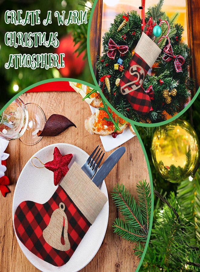 مينبلان مجموعة مينبلان المكونة من 12 جوربًا صغيرًا لعيد الميلاد، مقاس 8 بوصات، بتصميم أحمر وأسود بنقشة مربعات الجاموس، هدايا مثالية لحفلات عيد الميلاد، مزينة برسومات من الخيش، غزال الرنة، ندفة الثلج، جرس، عصا، بابا نويل، رجل الثلج، لتزيين شجرة عيد الميلاد. - Image 5