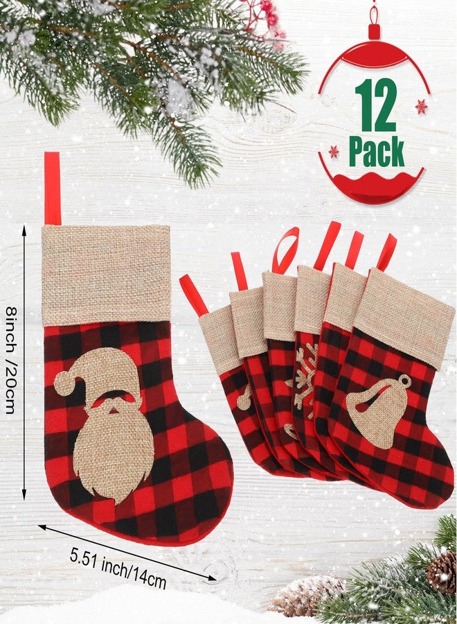 مينبلان مجموعة مينبلان المكونة من 12 جوربًا صغيرًا لعيد الميلاد، مقاس 8 بوصات، بتصميم أحمر وأسود بنقشة مربعات الجاموس، هدايا مثالية لحفلات عيد الميلاد، مزينة برسومات من الخيش، غزال الرنة، ندفة الثلج، جرس، عصا، بابا نويل، رجل الثلج، لتزيين شجرة عيد الميلاد. - Image 2