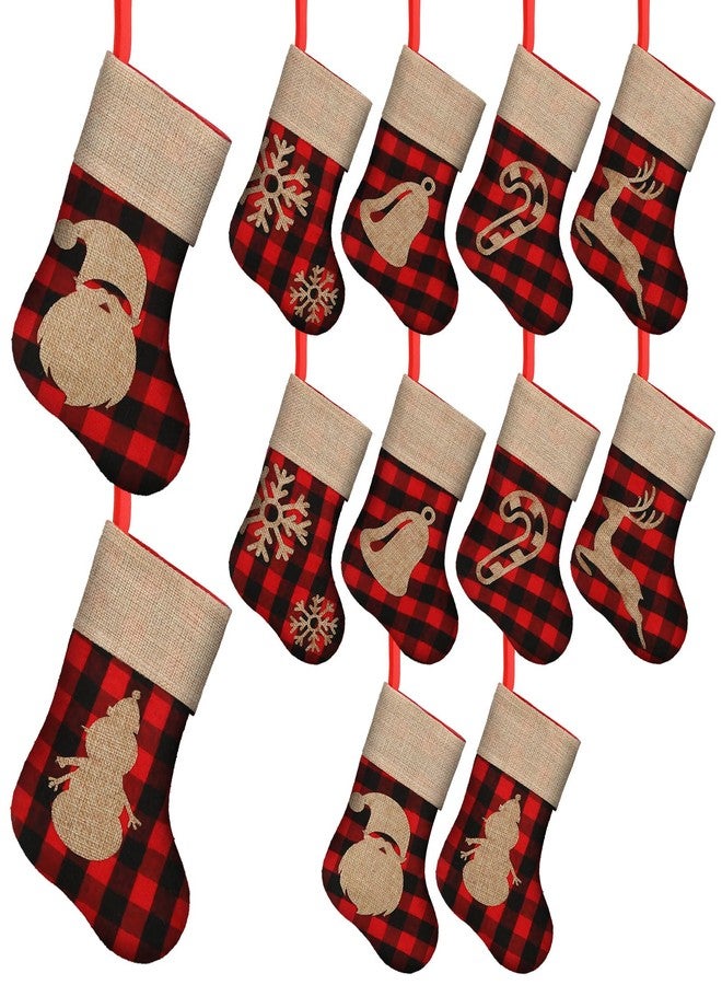 مينبلان مجموعة مينبلان المكونة من 12 جوربًا صغيرًا لعيد الميلاد، مقاس 8 بوصات، بتصميم أحمر وأسود بنقشة مربعات الجاموس، هدايا مثالية لحفلات عيد الميلاد، مزينة برسومات من الخيش، غزال الرنة، ندفة الثلج، جرس، عصا، بابا نويل، رجل الثلج، لتزيين شجرة عيد الميلاد. - Image 1