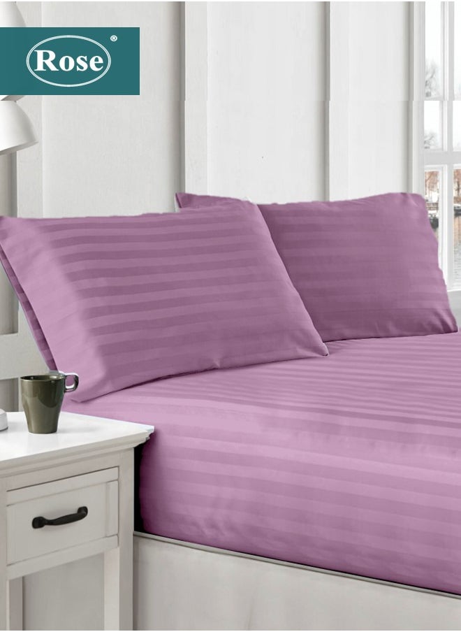 Rose Rose Luxurious Hotel Stripe Fitted Sheet with Deep Pockets and Pillow Cases, Bed Sheet 3-Pieces Set, Soft & Silky Microfiber Breathable and Cooling, King Size 200x200+35 cm, Opera Mauve  - Image 1