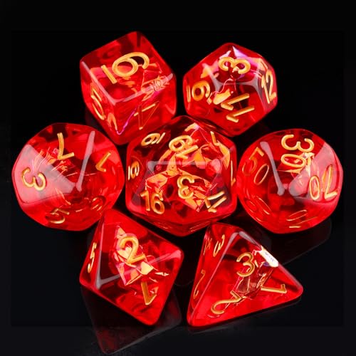Haxtec Red DND Dice Set 7PCS Filled Resin Polyhedral DD Dice WIridescent Mylar Inclusion Role Playing Dice Compatible with Dungeons and Dragons Gift - Image 1