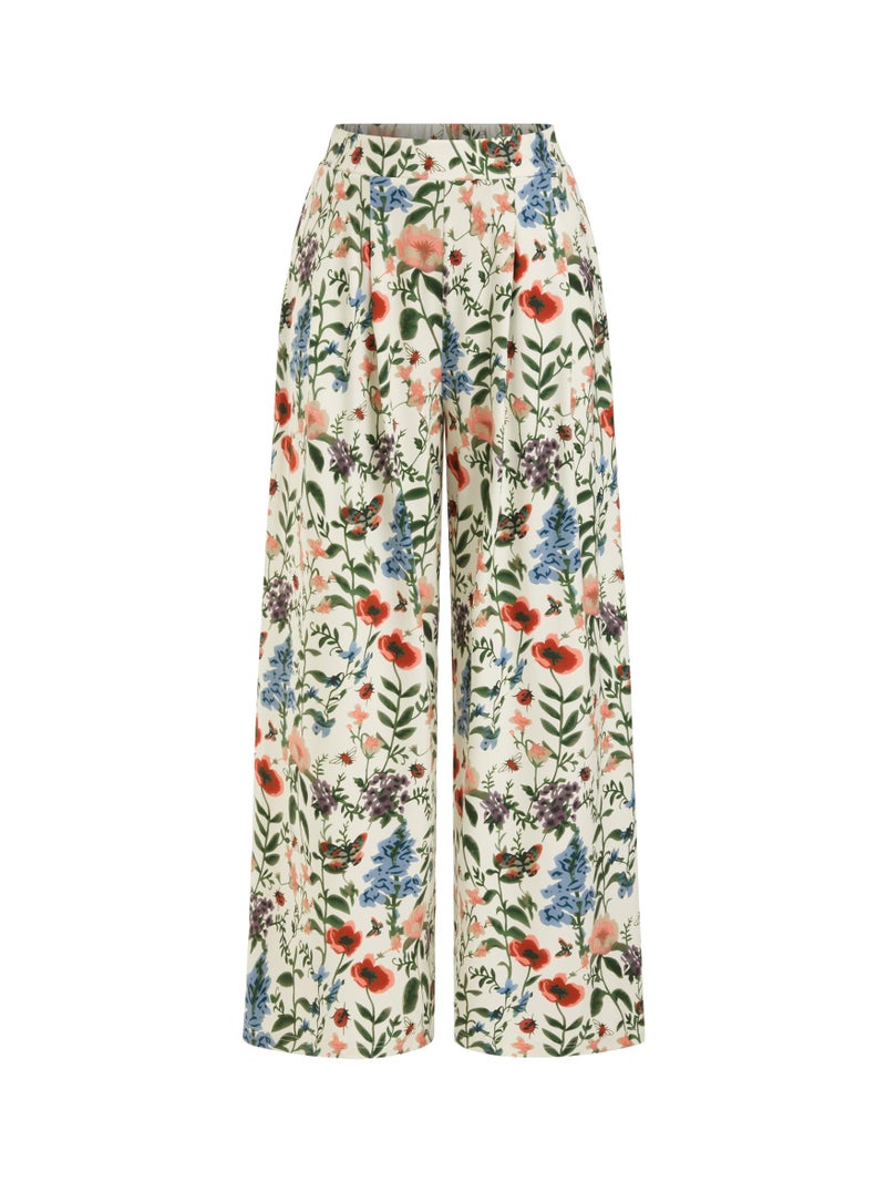CIDER Womens Wide Leg Pants Floral Lightweight Elastic Waist Palazzo Pants Boho Summer Casual Fashion Outfits Beige - Image 1