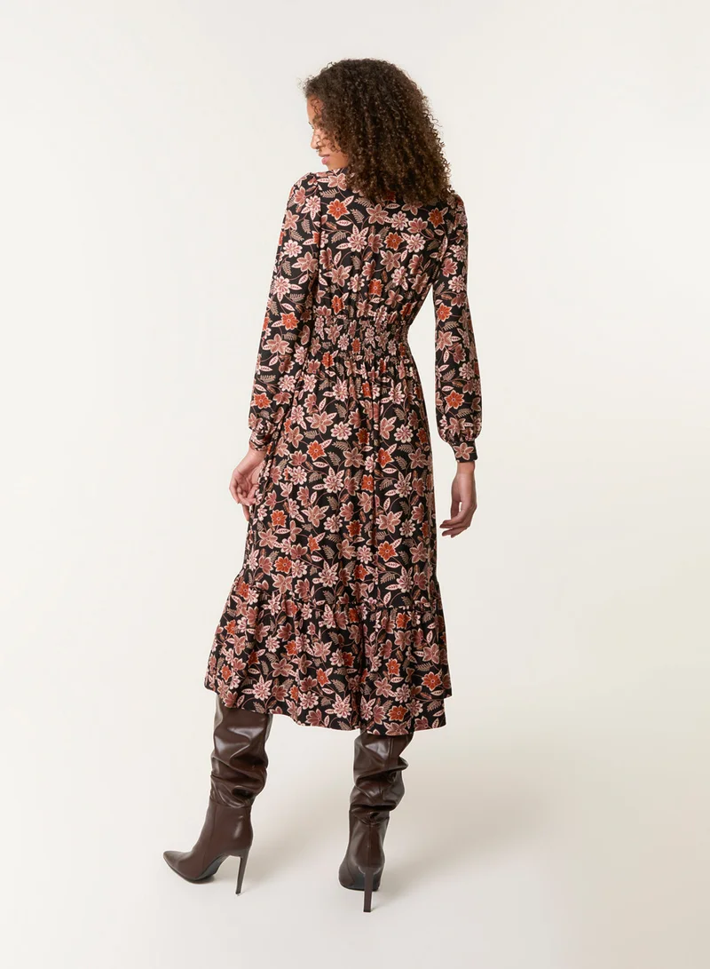 بلو فانيلا فستان قميص ميدي بخصر مزموم وطبعة زهور