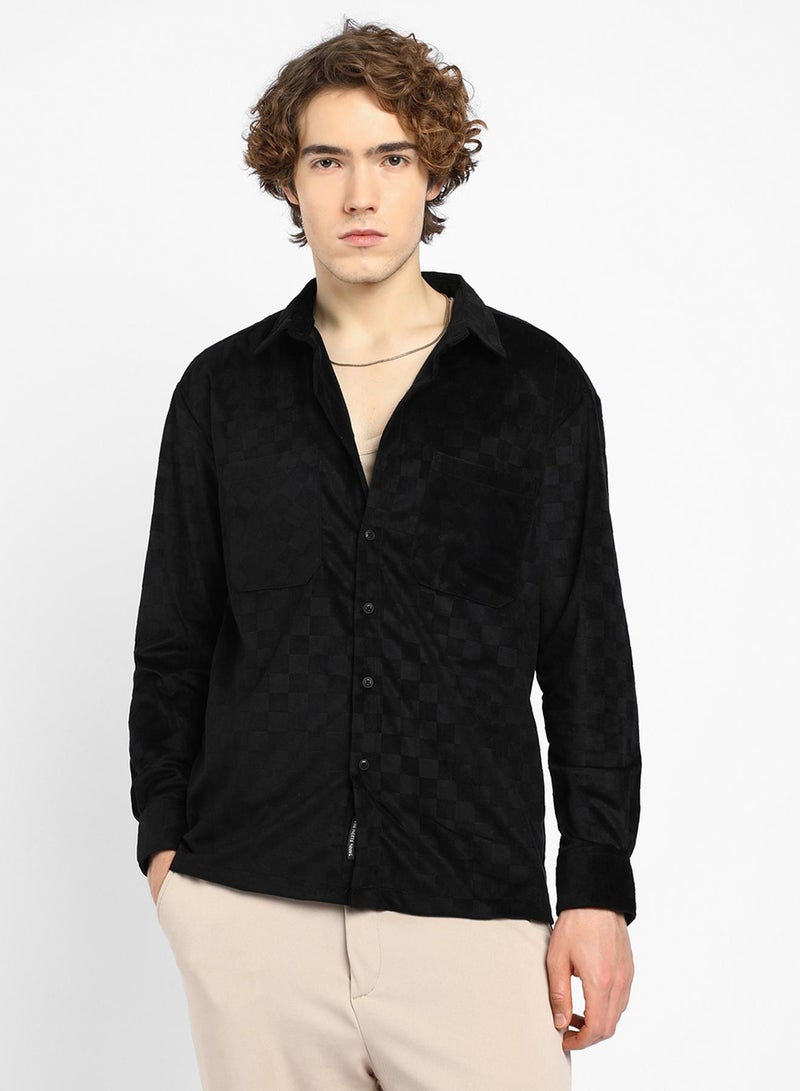 Campus Sutra Men's Midnight Black Cubic Velvet Utility Shacket - Image 2