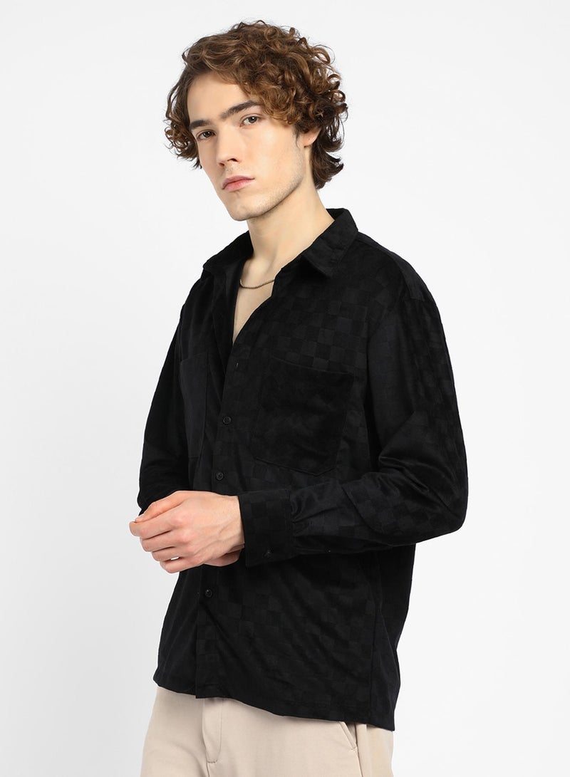 Campus Sutra Men's Midnight Black Cubic Velvet Utility Shacket - Image 3