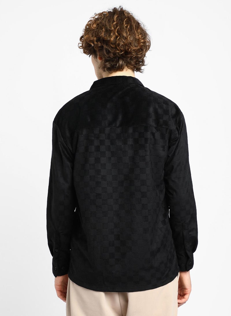 Campus Sutra Men's Midnight Black Cubic Velvet Utility Shacket - Image 5