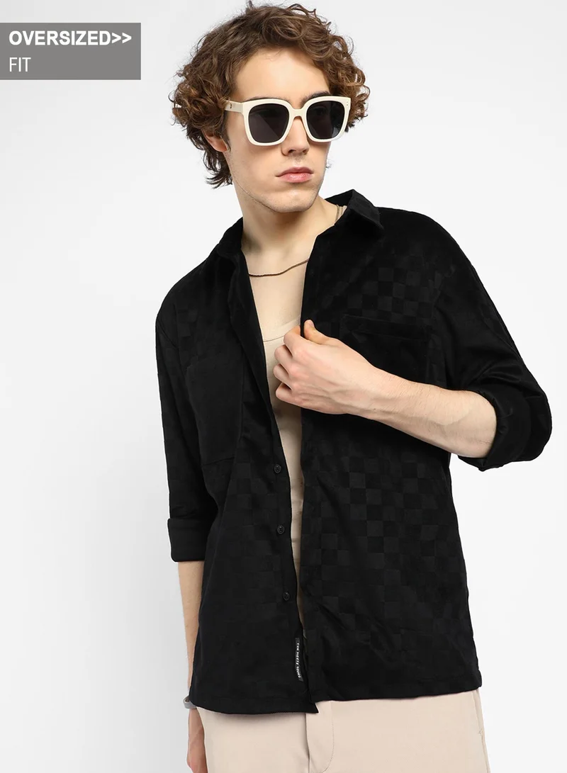 Campus Sutra Men's Midnight Black Cubic Velvet Utility Shacket