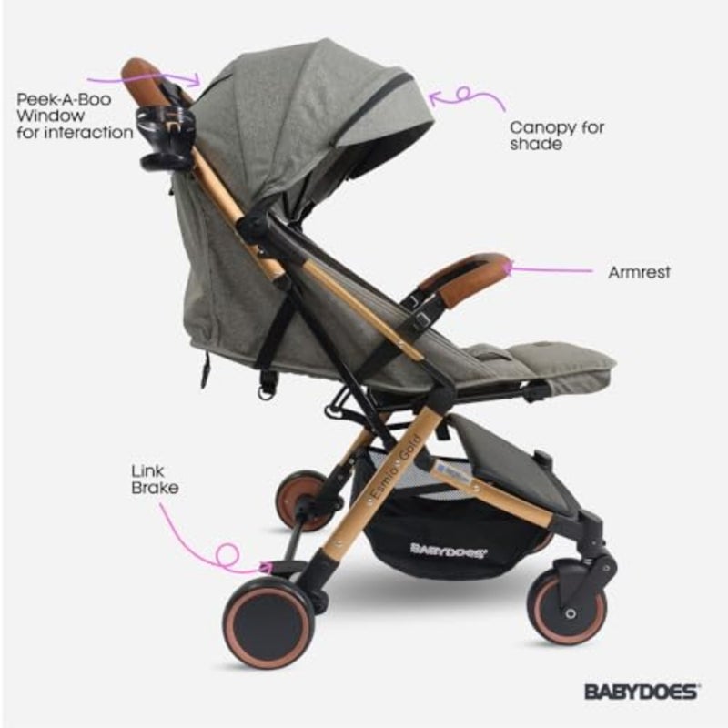 Travel Lite stroller for 04 years up to 20 kg with golden aluminum frame, grey fabric, single-hand fold and 360 rotating wheels - Image 4