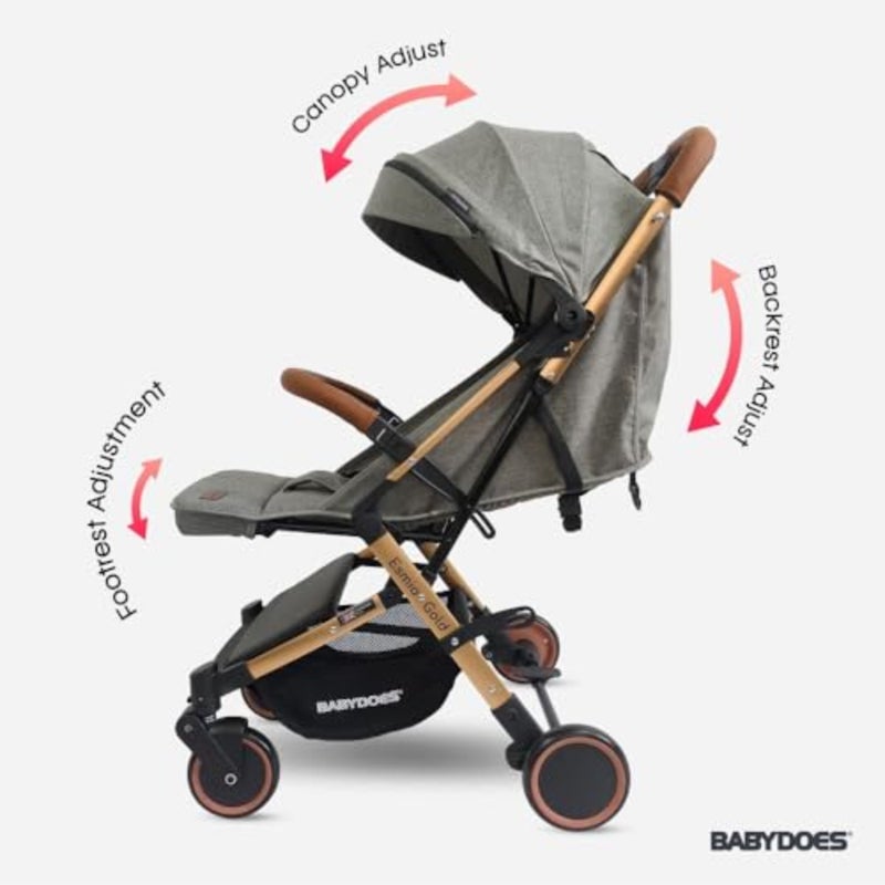 Travel Lite stroller for 04 years up to 20 kg with golden aluminum frame, grey fabric, single-hand fold and 360 rotating wheels - Image 5