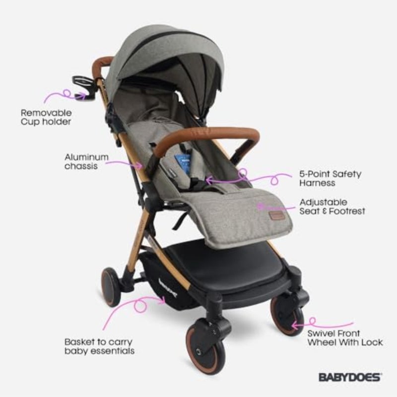 Travel Lite stroller for 04 years up to 20 kg with golden aluminum frame, grey fabric, single-hand fold and 360 rotating wheels - Image 3