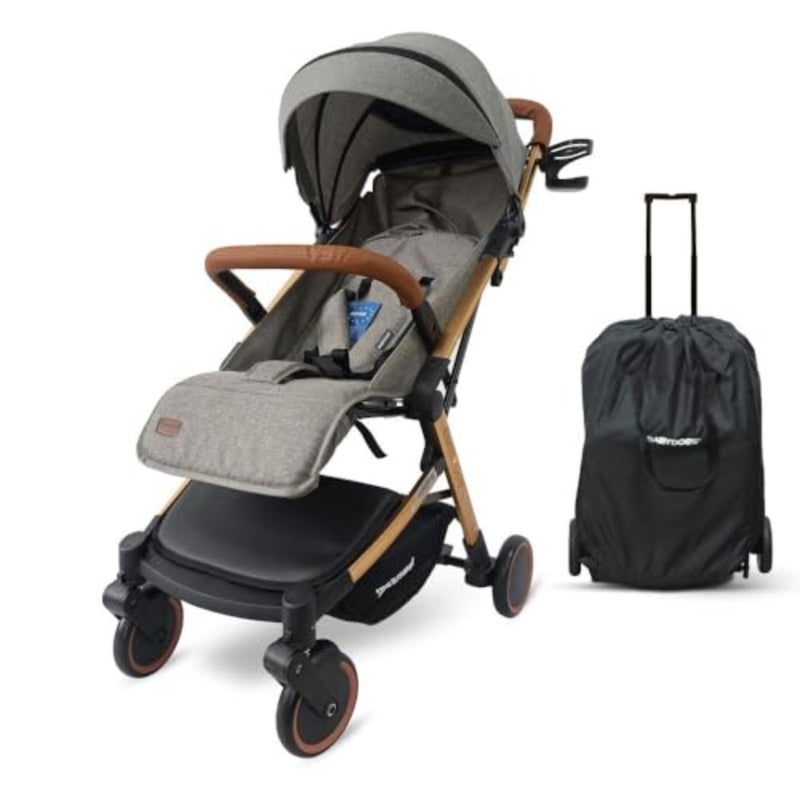 Travel Lite stroller for 04 years up to 20 kg with golden aluminum frame, grey fabric, single-hand fold and 360 rotating wheels - Image 1