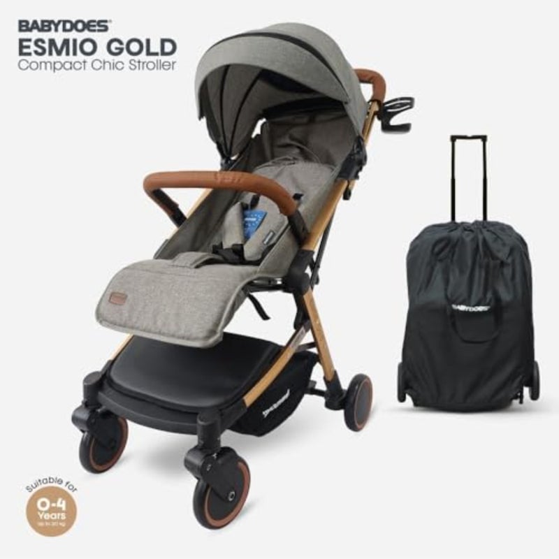Travel Lite stroller for 04 years up to 20 kg with golden aluminum frame, grey fabric, single-hand fold and 360 rotating wheels - Image 2