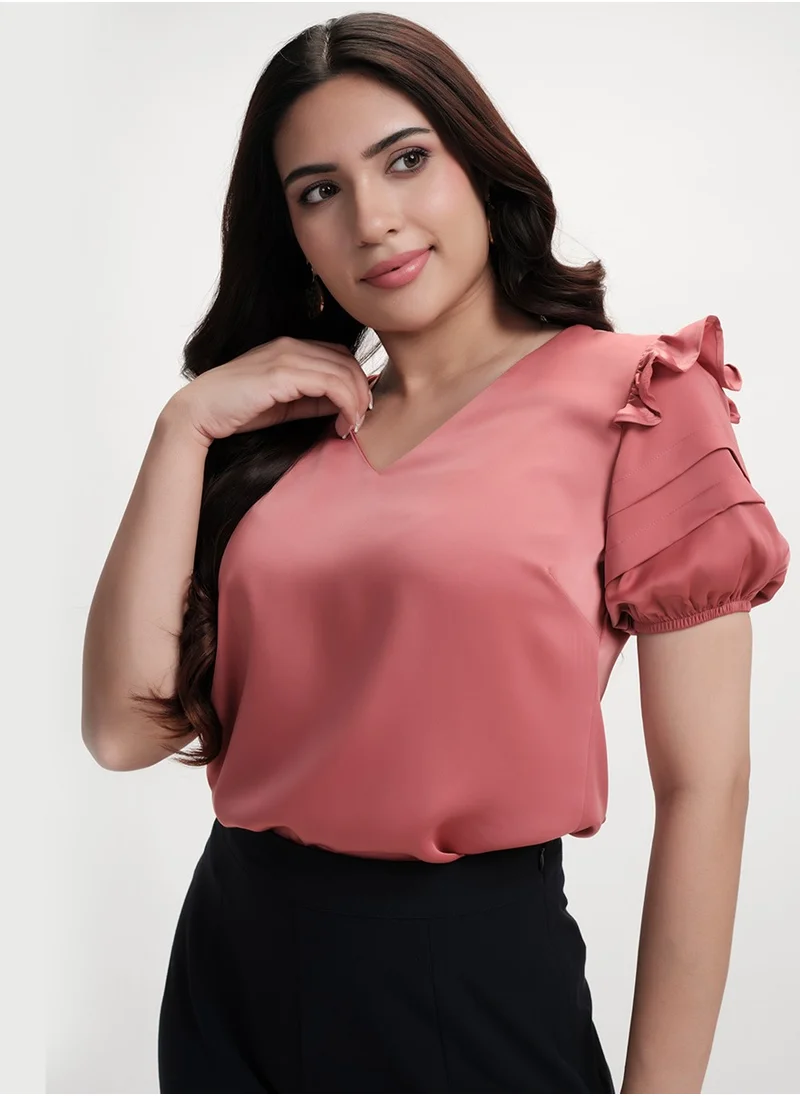 Zigzag Vneck Sleeve Detailed Satin Pink Top