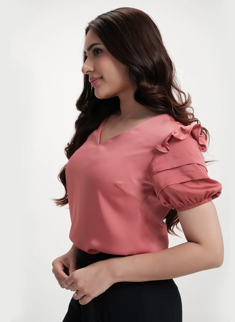 Zigzag Vneck Sleeve Detailed Satin Pink Top