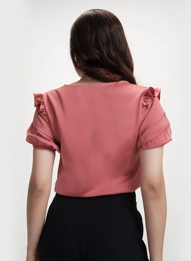 Zigzag Vneck Sleeve Detailed Satin Pink Top