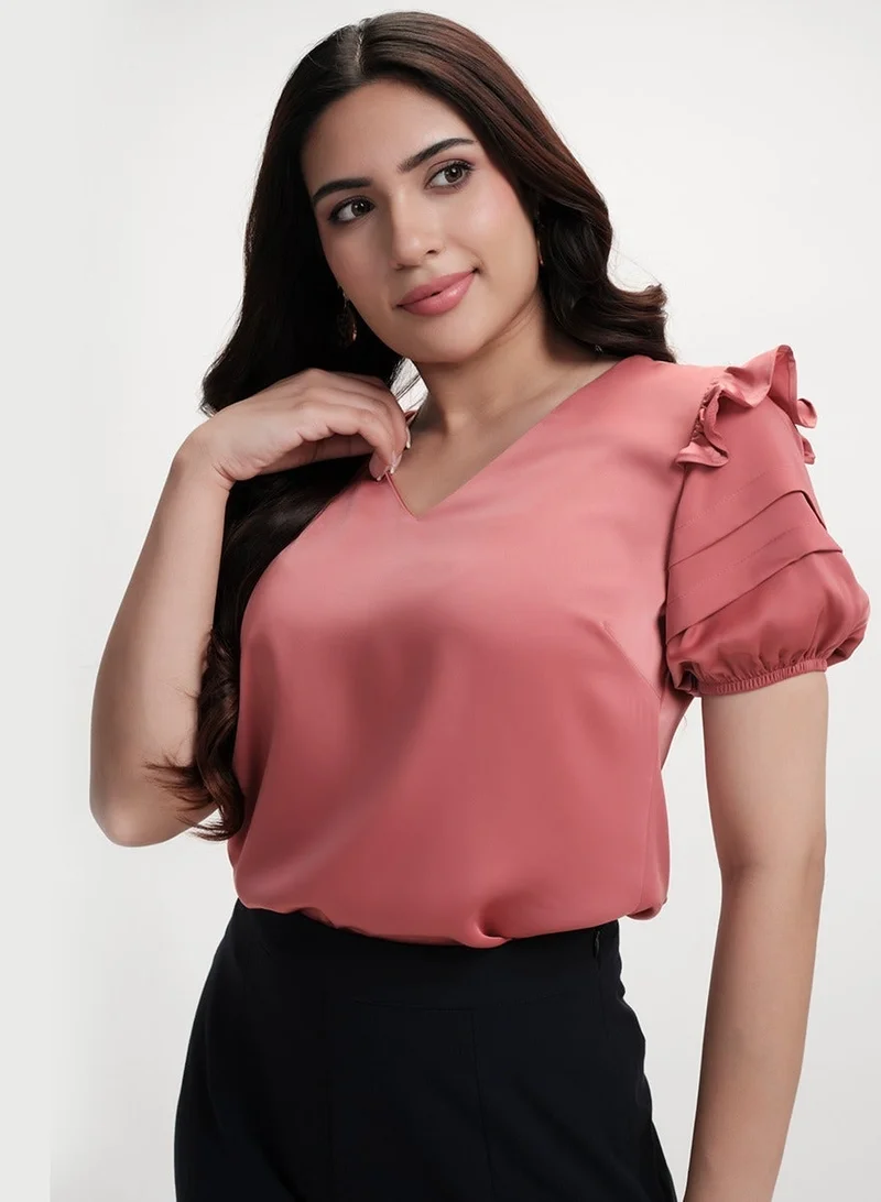 Zigzag Vneck Sleeve Detailed Satin Pink Top