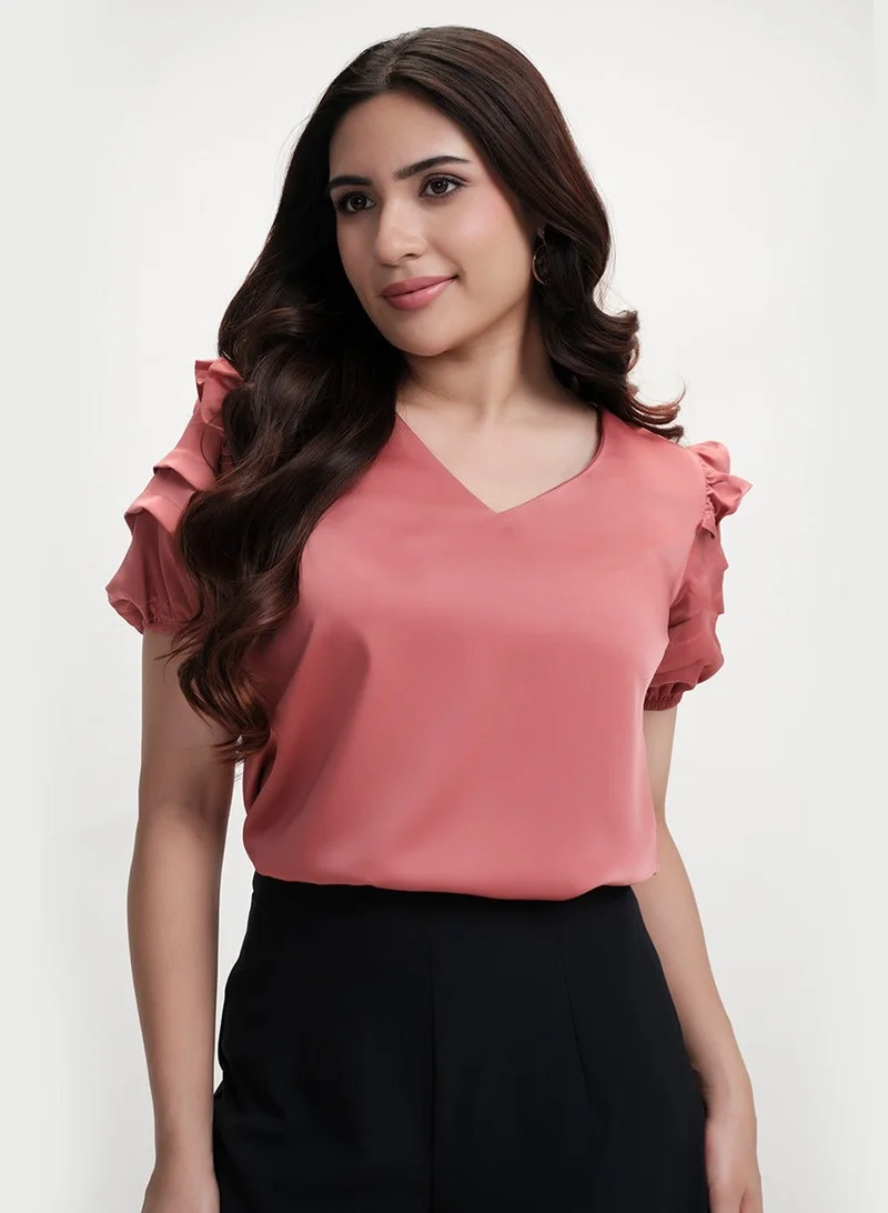 Zigzag Vneck Sleeve Detailed Satin Pink Top